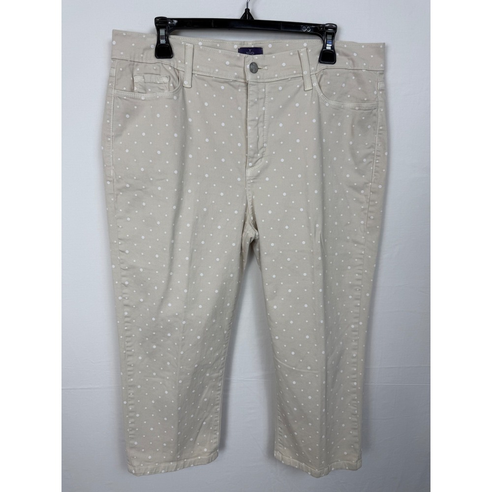 NYDJ Women Cotton Blend Pants 14 Tan Polka Dot Lift Tuck Cropped Straight Leg
